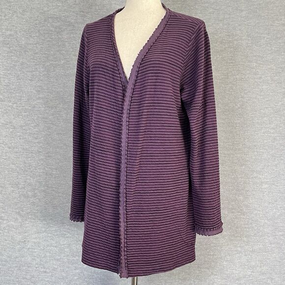 Cut Loose Open Front Long Cardigan Size M Pockets Fringe Stripe Textured Duster - Picture 3 of 15